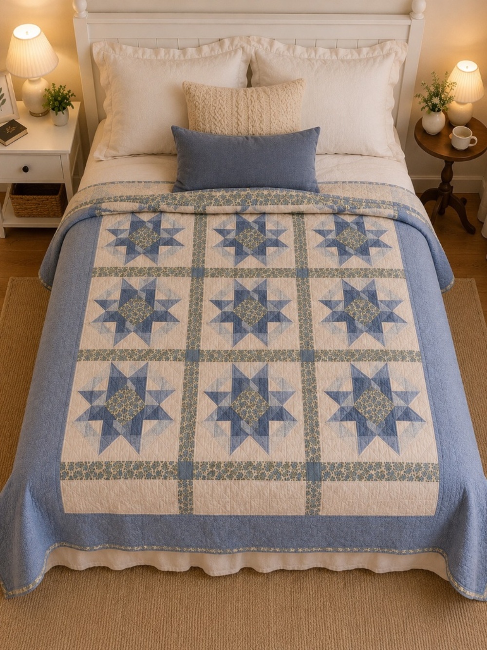 Vintage Blue Star Patchwork Quilt Blanket